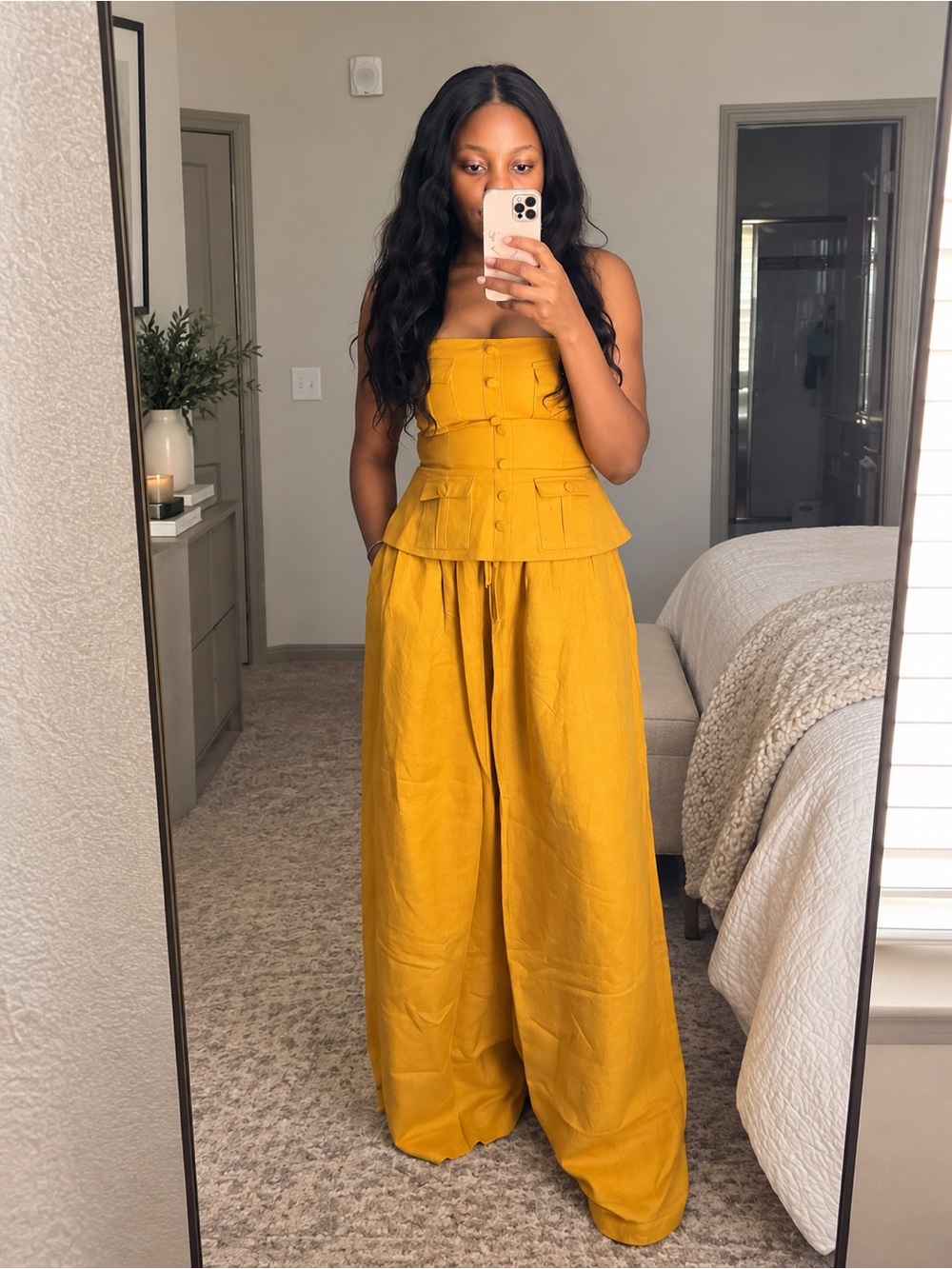 BCBGMaxAzria Strapless top and Wide-Leg pants  in Mustard Yellow